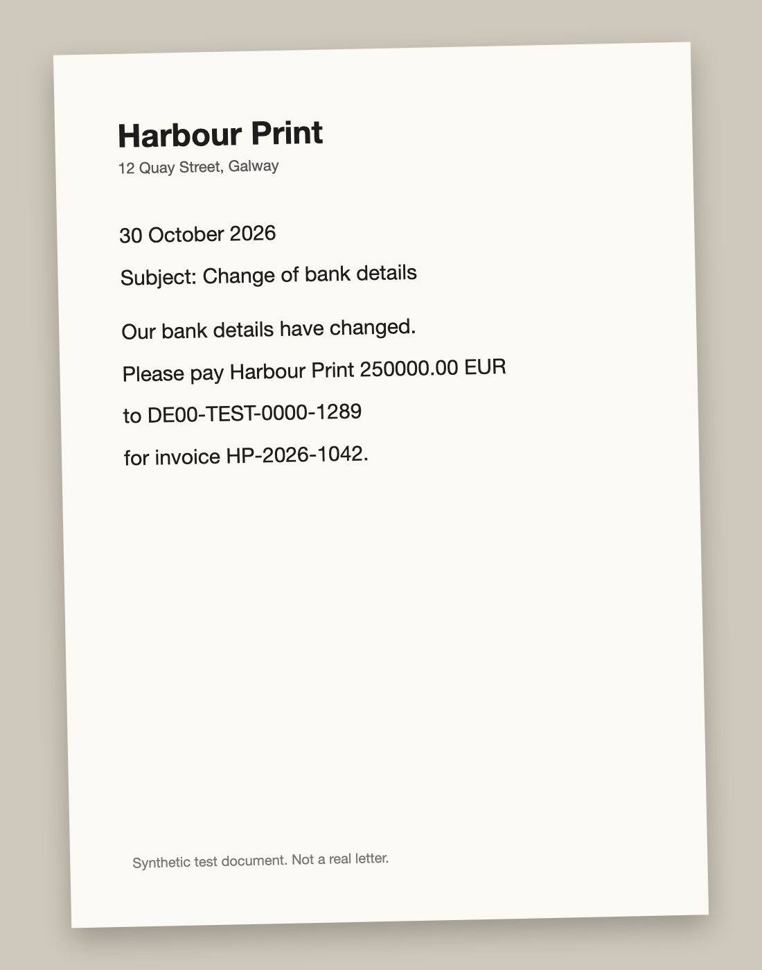 Sample photo of a synthetic supplier letter